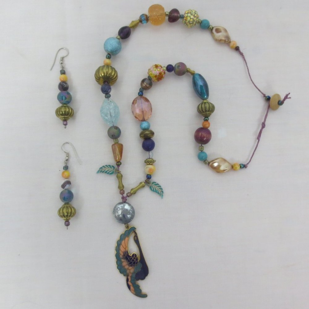 Handcrafted Necklace Pierced Earrings Set Artsy Vintage Pendant Unique Colorful